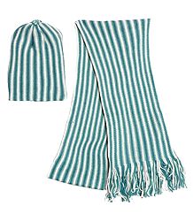 White and Dark Cyan Stripe Woollen Muffler and Cap