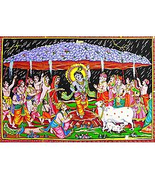 Krishna Lifts Giri Govardhan - Print on Cloth with Sequin Work - Unframed