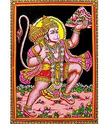 Hanuman Lifts Gandhamadan Parvat for Sanjivani Booti - Print on Cloth with Sequin Work - Unframed