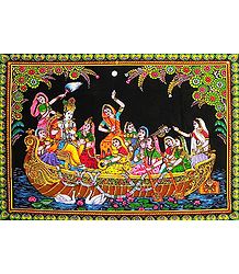 Radha Krishna on a Boat Ride with other Gopinis - Print on Cloth with Sequin Work - Unframed