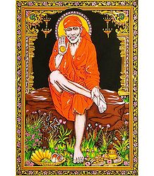 Shirdi Sai Baba - Print on Cloth with Sequin Work - Unframed