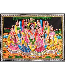 Krishna with Gopinis - Sequin work on Printed Cotton Cloth - Unframed