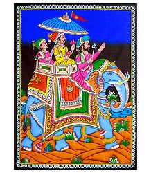 King on Elephant - Print with Sequin Work on Cotton Cloth - Unframed