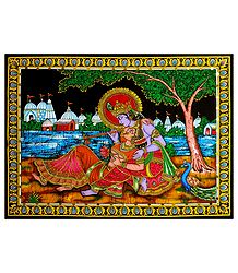 Secret Rendezvous of Radha and Krishna - Print with Sequin Work on Cotton Cloth - Unframed