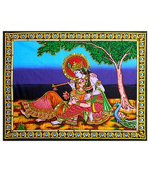 Secret Rendezvous of Radha and Krishna - Print with Sequin Work on Cotton Cloth - Unframed