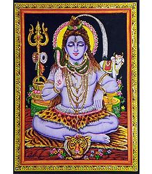 Lord Shiva - Print with Sequin Work on Cotton Cloth - Unframed