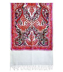 Embroidered Kashmiri White Woolen Stole