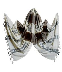 White with Brown Orissa Bomkai Cotton Stole with All-Over Black Weaved Design