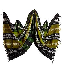 Green with Black Orissa Bomkai Cotton Stole with All-Over White Weaved Design