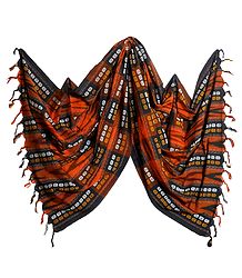 Saffron with Black Orissa Bomkai Cotton Stole with All-Over Weaved Design