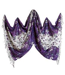 White with Purple Light Woolen Stole with Floral Print