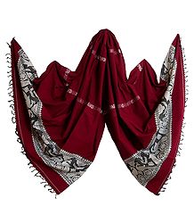 Red Orissa Cotton Stole with Baluchari Peacock Design Pallu