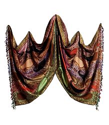 Kashmiri Light Woolen Stole with Multi-colored Motifs