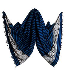Cyan with Black Stripe Orissa Cotton Stole with Baluchari Design Pallu