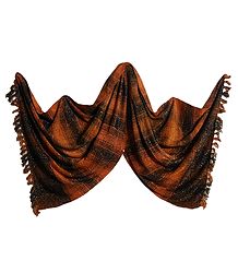 Dark Saffron and Black Check Glittered Light Woollen Shawl