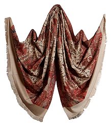Woven Paisley Design with Embroidery Beige Woolen Shawl