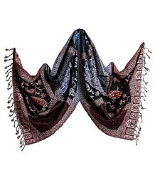 Weaved Paisley Design on Black with Pink Reversible Light Woolen Stole