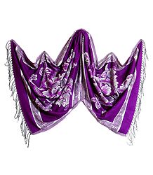 Reversible Mauve and White Woolen Stole with Weaved Floral Design 