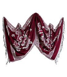 Reversible Maroon and White Woolen Stole with Weaved Floral Design 