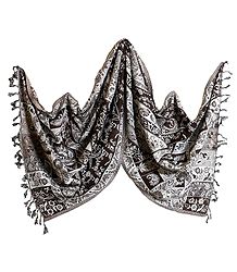 Weaved Paisley Design White with Brown Reversible Light Woolen Stole