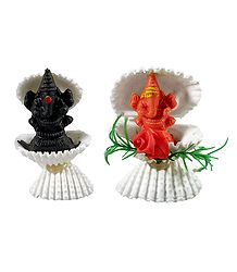 Set of 2 Saffron and Black Ganesha in Shell