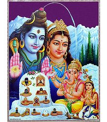 Shiva, Durga, Ganesh and Kartik with Twelve Jyotirlinga - Laminated Poster