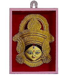 Clay Face of Durga with Paddy Decoration Encased in Glass - Wall Hanging