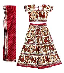 Multicolor Embroidery on Off-White Cotton Lehenga Choli with Red Dupatta and Elaborate Sequin Work