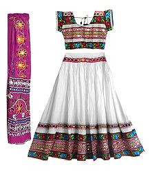 Multicolor Embroidery on White Cotton Lehenga Choli with Magenta Dupatta and Elaborate Sequin Work