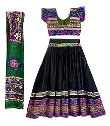 Multicolor Embroidery on Black Cotton Lehenga Choli with Green Dupatta and Elaborate Sequin Work