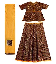 Yellow with Red Print on Black Cotton Lehenga Choli