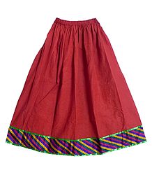 Red Cotton Long Skirt with Multicolor Border