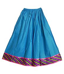 Cyan Blue Cotton Long Skirt with Multicolor Border