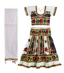 Multicolor Embroidery on White Printed Cotton Lehenga Choli with Dupatta and Elaborate Sequin Work