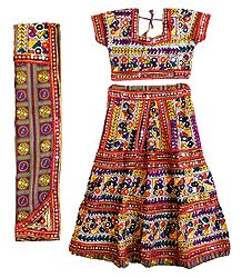 Multicolor Embroidery on White Cotton Lehenga Choli with Dupatta and Elaborate Sequin Work