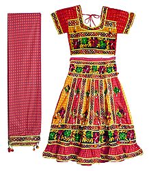 Multicolor Embroidery on Red Printed Cotton Lehenga Choli with Dupatta and Elaborate Sequin Work