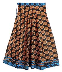 Yellow Paisley Print on Black Cotton Long Skirt with Cyan Blue Border