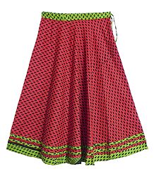 Black Print on Red Cotton Long Skirt with Green Border