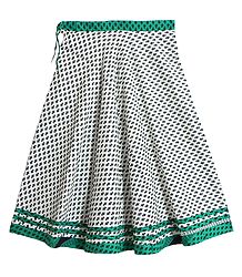 Black Print on White Cotton Long Skirt with Cyan Border