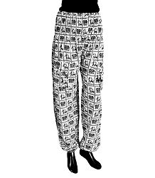 Black Folk Art Print on White Cotton Harem Pants