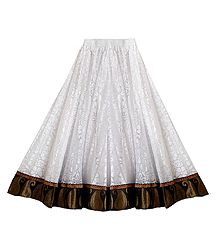 White Brasso Long Skirt with Zari Border with Adjustable Elastic Waist