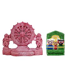 Jagannath, Balaram, Subhadra with Chariot Wheel of Konark Temple