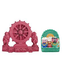Jagannath, Balaram, Subhadra with Chariot Wheel of Konark Temple