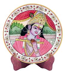 Murlidhar Krishna Painting on Marble Plate - Showpiece