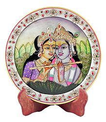 Radha Krishna Painting on Marble Plate - Showpiece