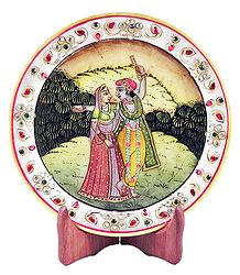 Radha Krishna Painting on Marble Plate - Showpiece