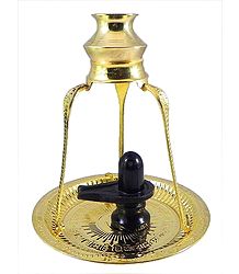 Black Stone Shiva Linga on Brass Plate With Kalash on Tripod