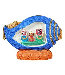 Jagannath, Balaram, Subhadra in a Blue Conch