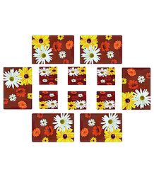 Set of 6 Dining Table Mats and Coasters with Flower  Print 
