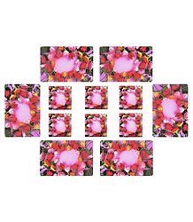 Set of 6 Dining Table Mats and Coasters with Flower Print 